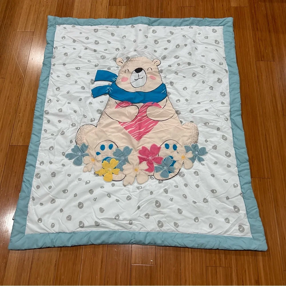 Floral Bear Baby Crib Toddler Bed Comforter Blue and White